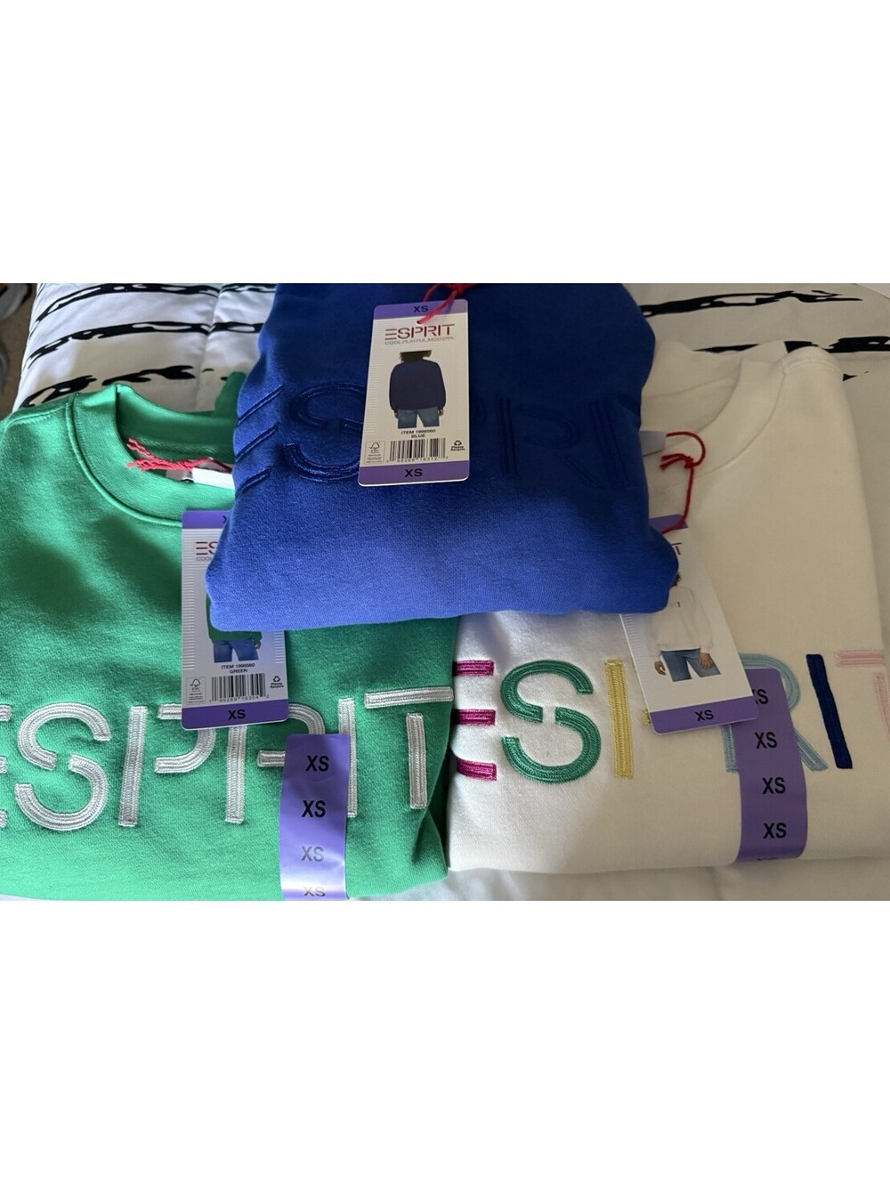 Esprit Extra SmallCrewneck Sweatshirt 3 Pack Cream,Green Blue Retro Logo NWT